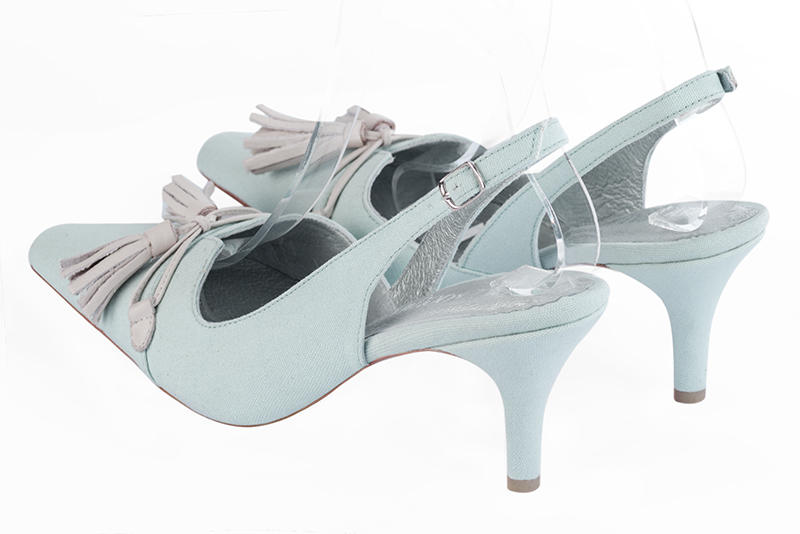 Sky blue women's open back shoes, with a knot. Tapered toe. High slim heel. Rear view - Florence KOOIJMAN
